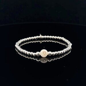 925 Sterling Silver Beaded Stretch Stacking Bracelet MOP Letter Initial Q